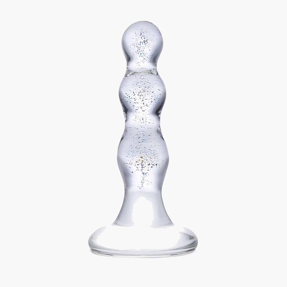 Triple Play Beaded Butt Plug Clear 4in Triple Play Beaded Butt Plug Clear 4in