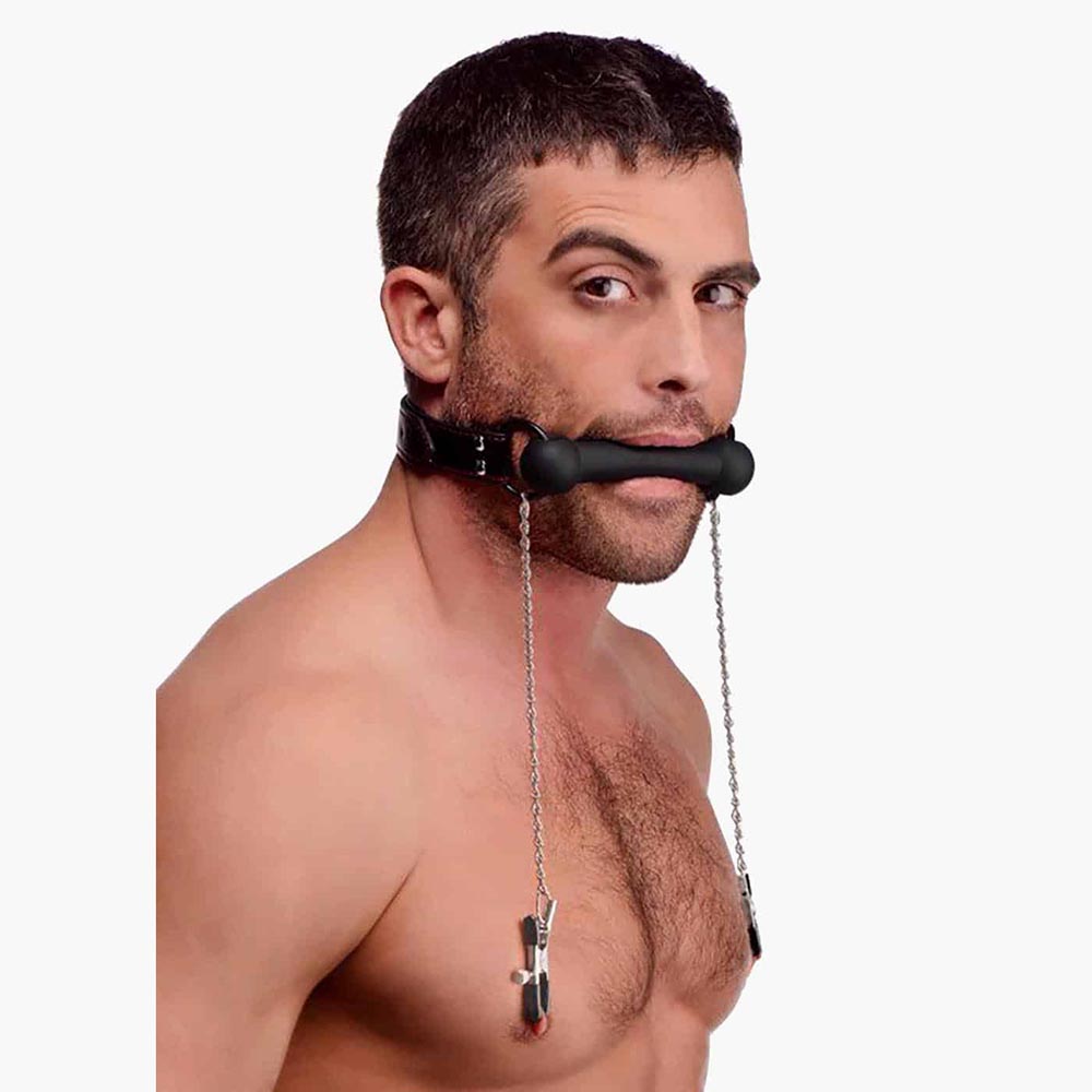 Black Silicone Bit Gag with Nipple Clamps Black Silicone Bit Gag with Nipple Clamps