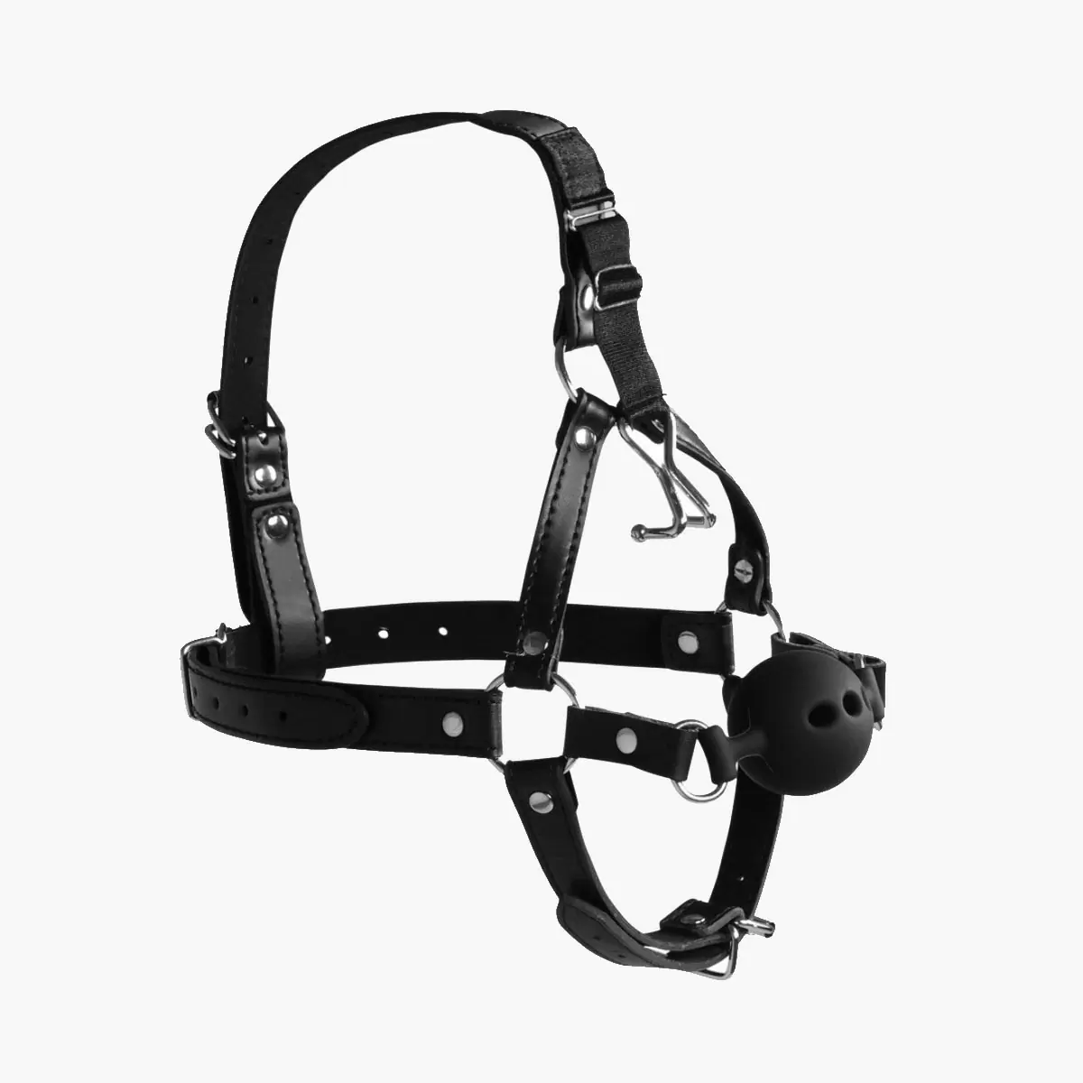 Head Harness with Breathable Ball Gag and Nose Hooks Black
