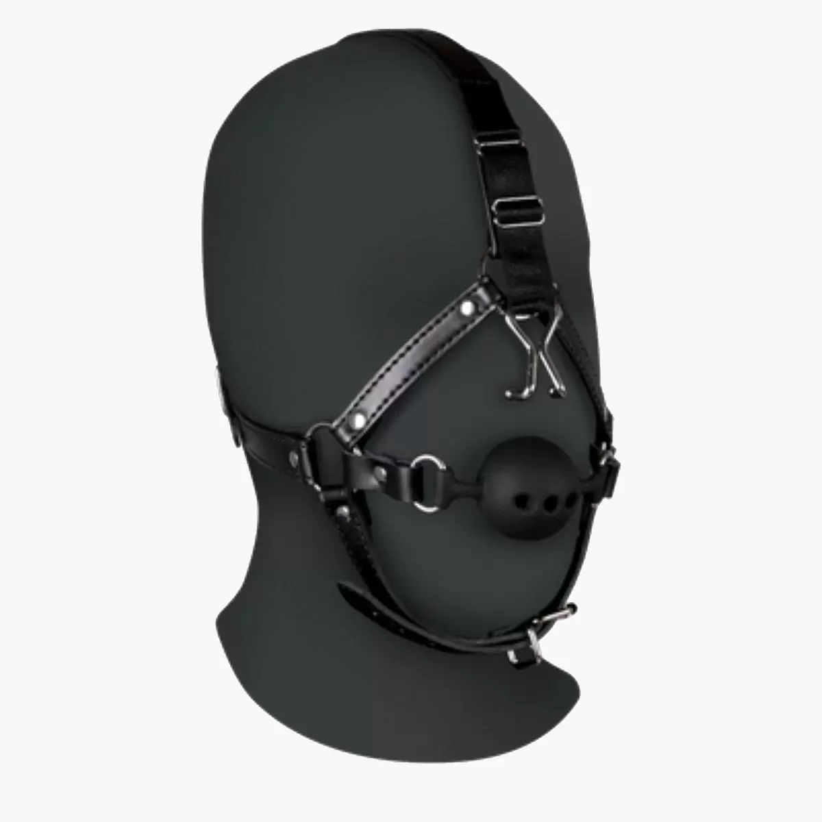 Head Harness with Breathable Ball Gag and Nose Hooks Black