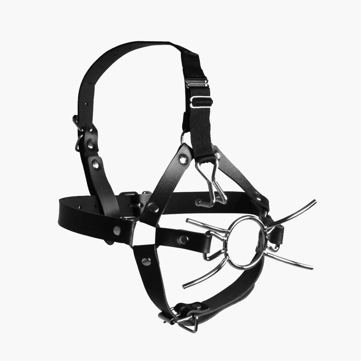 Head Harness with Spider Gag and Nose Hooks Black